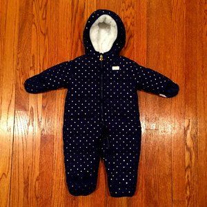 SZ 18 M - OSHKOSH Baby Girl PUFFER SNOWSUIT - Navy / Gold polka dot